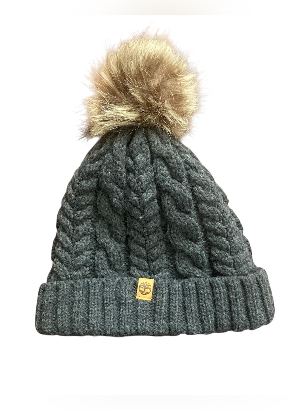 Timberland Cable Knit Beanie with Faux Fur Pompom Gray